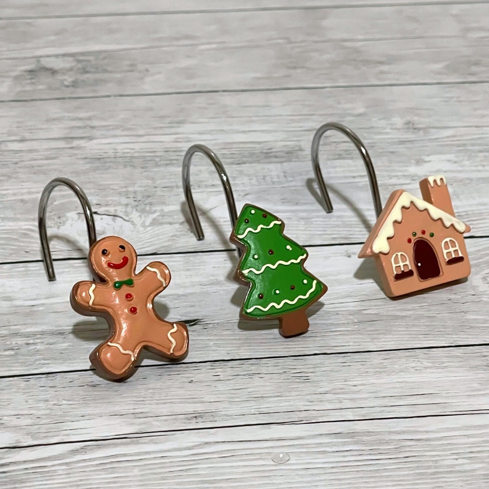 Christmas Gingerbread Man Tree House Shower Curtain Hooks Set of‎ 12 New